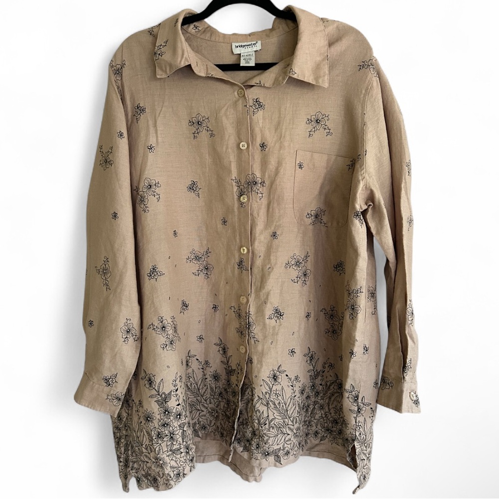 Y2K VINTAGE Linen Floral Long Sleeve Button Shirt Lagenlook Art Wear Relaxed 1X